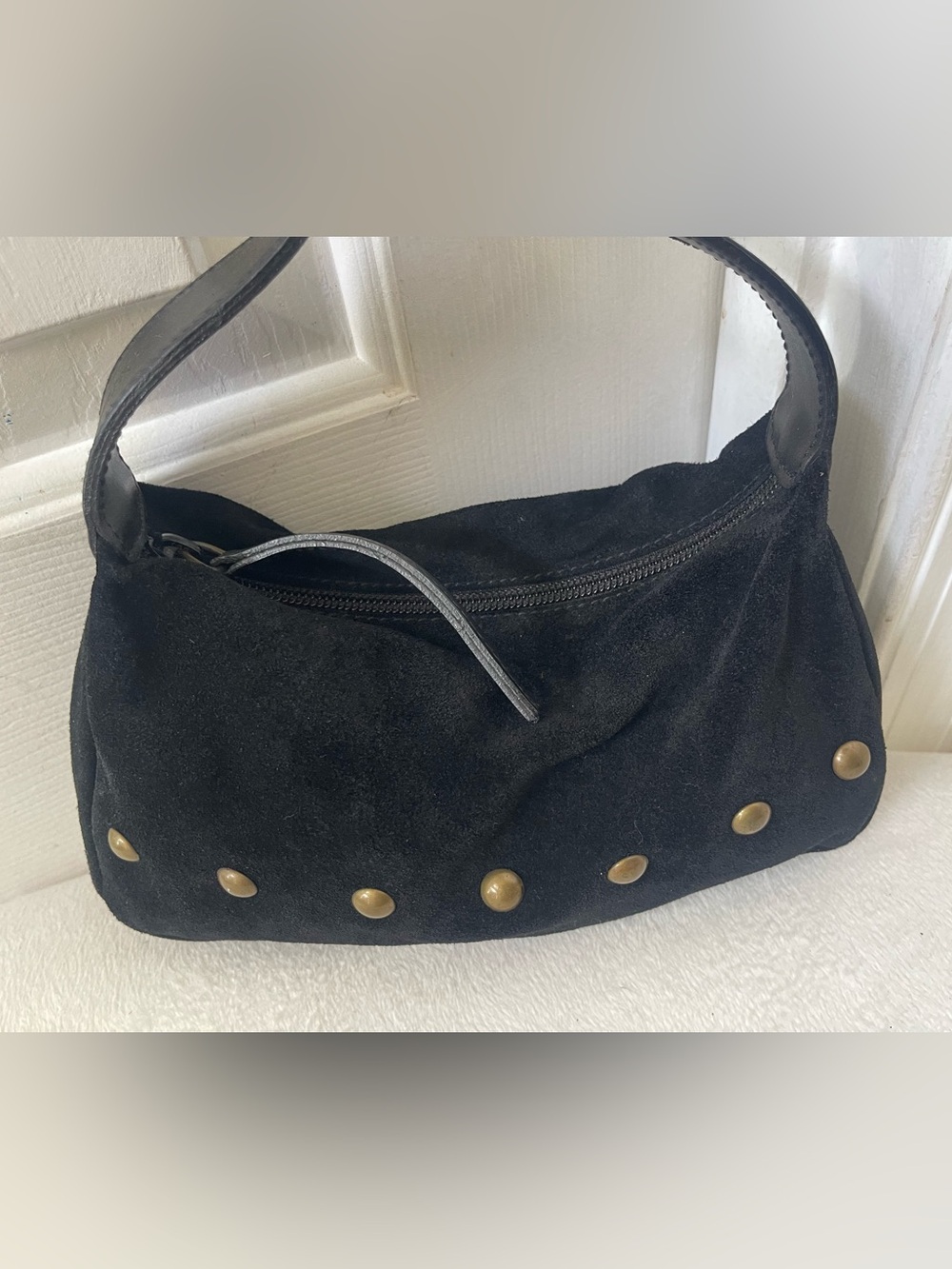 Furla Rare Black mini Suede Shoulder Bag with Brass Studs - Picture 14 of 16
